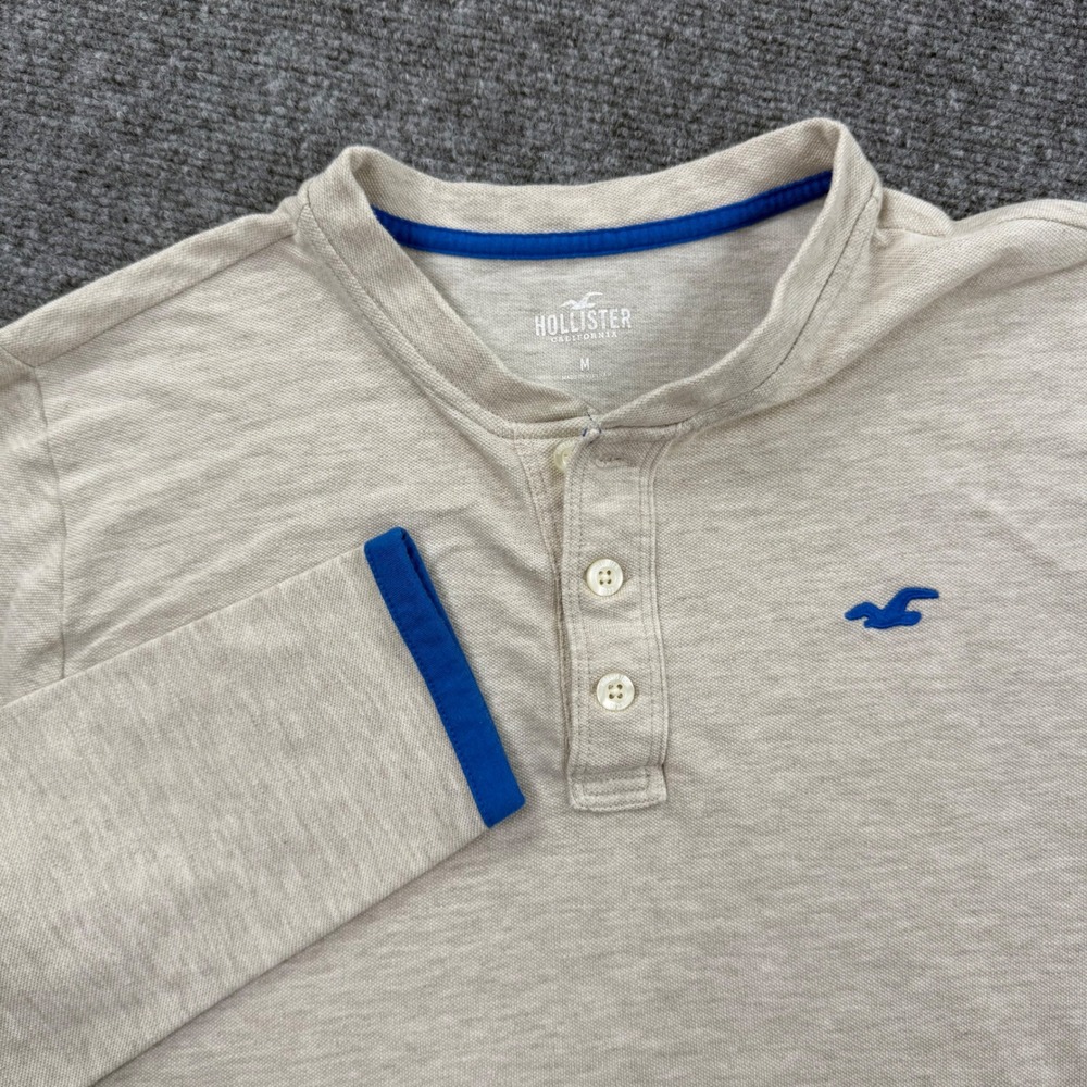 Hollister Shirt Medium Beige Blue Trim Long Sleeve Henley Embroidered Logo Men's